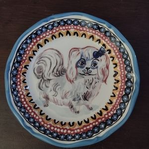 Natalie Léte 10" Pomeranian dog 10" dinner plate Anthropologie French flair blue